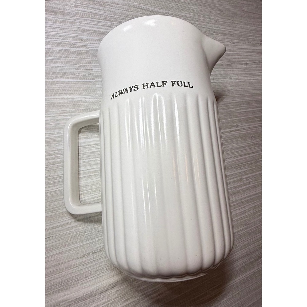 Primitives by Kathy Always Half Full White Ceramic Ribbed Pitcher‎ Vase 9 Inch